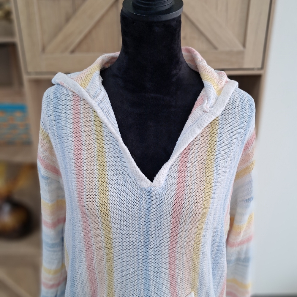Bucees Knit Hooded Sweater Pastel Colors Striped V-Neck Long Sleeve Beachy Boho - Picture 5 of 12